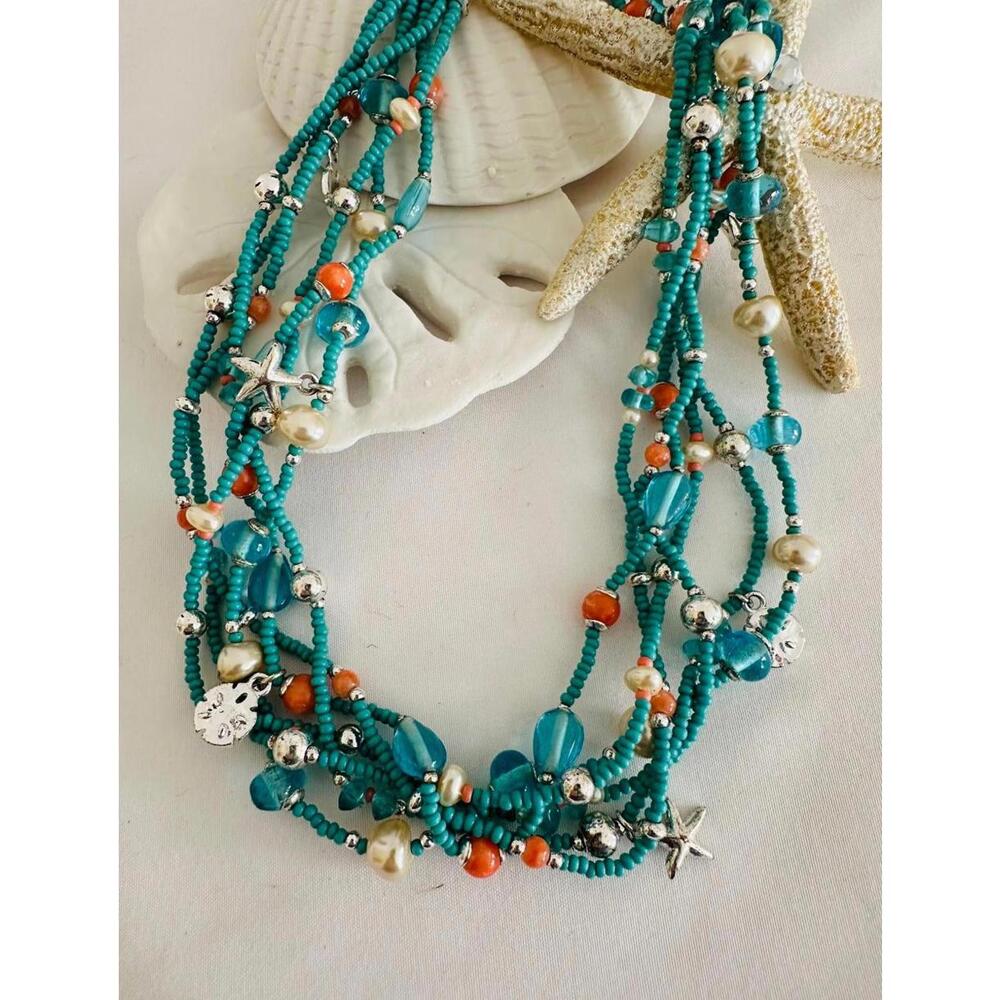 Tommy Hilfiger Multi-Strand Turquoise Beaded Necklace w Silver & Coral Accents